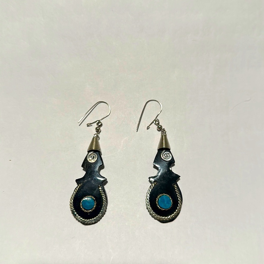 New Turquoise antler alpaca wire dangling earrings handmade handcarved Colombian